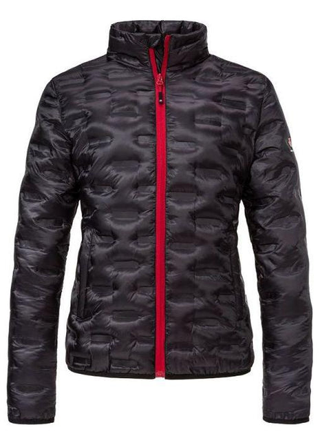 The AGCO Massey Ferguson Women's Quilted Jacket (X993312108) is a black, lightweight quilted jacket featuring a red zipper and a sporty stand-up collar.
