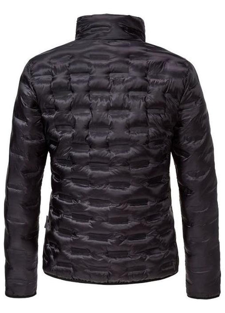 A back view of the Massey Ferguson Women's Quilted Jacket by AGCO, featuring a black, lightweight polyester design with a sporty cut and a high, stand-up collar (Product Code: X993312108).