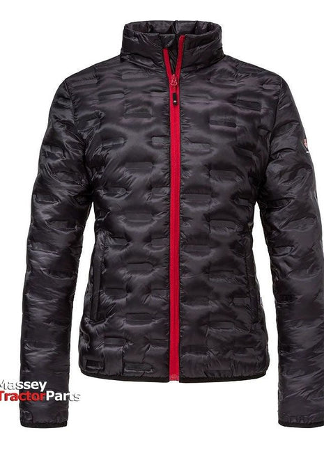 A lightweight black quilted jacket with a red zipper from the brand AGCO is displayed against a white background. Text on the image reads "Massey Tractor Parts" in the lower left corner, emphasizing its sporty appearance. This Massey Ferguson Women's Quilted Jacket (X993312211) is made from durable polyester.