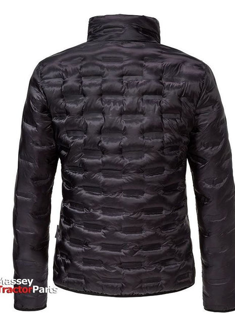 A back view of the AGCO Massey Ferguson Women's Quilted Jacket (X993312211) in black showcases its sporty design, with "Massey Tractor Parts" text visible in the lower-left corner.