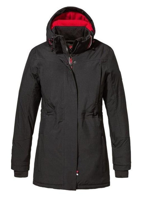A black hooded winter parka, detailed with a red inner lining, front zipper, and button closures, designed for cold weather. This is the Massey Ferguson Women's Winter Jacket (X993322106) by AGCO.