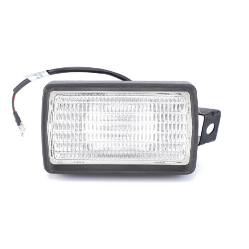 The AGCO Massey Ferguson - Worklight - 3611781M91 is a rectangular vehicle light with a clear lens and black casing, attached to a mounting bracket with a short electrical wire extending from the back, designed for Massey Ferguson 300 Series tractors.