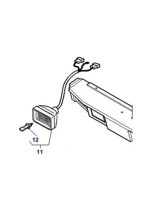 Diagram of a Massey Ferguson vehicle component with a wiring harness labeled parts 11 and 12 near a section of the vehicle's body, including details for installing an AGCO Massey Ferguson Worklight Front (3713134M91).
