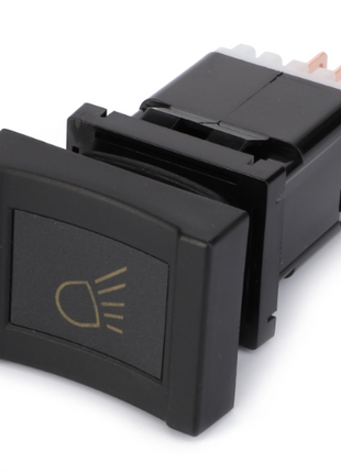 The AGCO Massey Ferguson - Worklight Switch Rear (3385760M92) features a rectangle-shaped design with an icon, black casing, and copper connectors, making it ideal for vehicles such as the Massey Ferguson 3000 Series.
