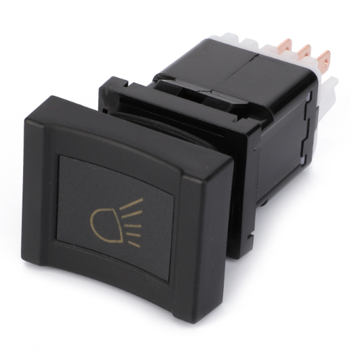 The AGCO Massey Ferguson - Worklight Switch Rear (3385760M92) features a rectangle-shaped design with an icon, black casing, and copper connectors, making it ideal for vehicles such as the Massey Ferguson 3000 Series.