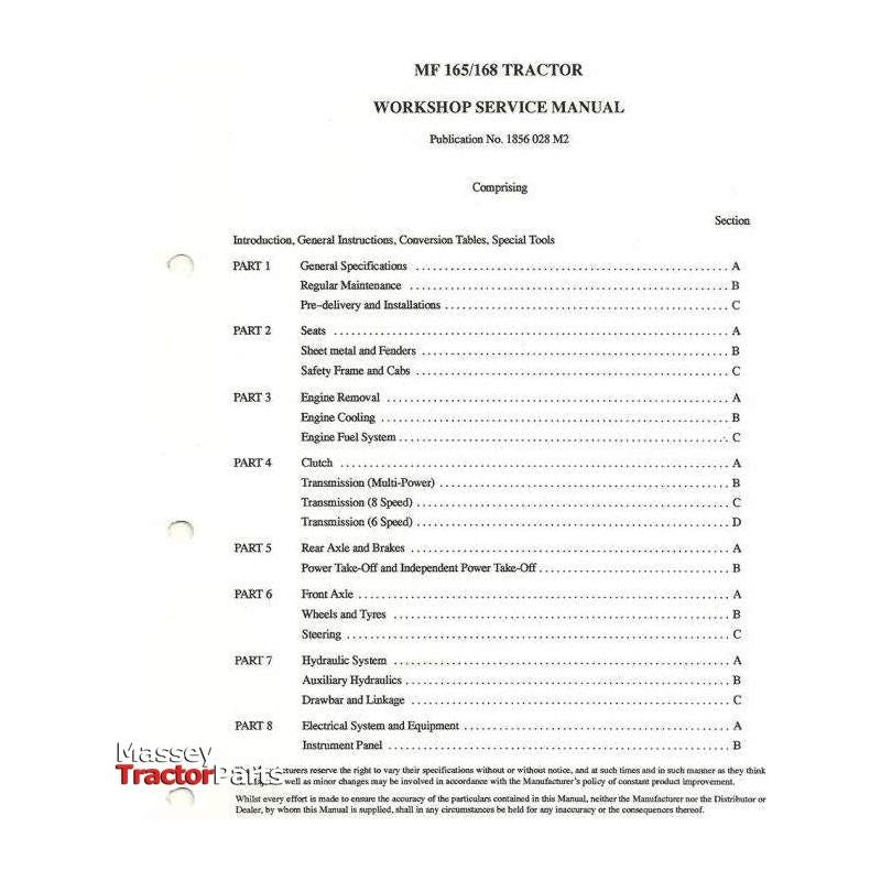 Massey Ferguson 165/168 Workshop Manual - 1856028M2 | OEM | Massey Ferguson parts | Manuals-Massey Ferguson-Farming Parts,Repair & Reference Manuals,Tractor Parts,Workshop & Merchandising,Workshop Equipment
