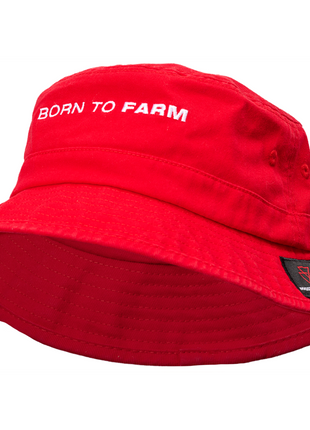 The Massey Ferguson - Kids Red Bucket Hat (X993232202000) by AGCO is made from 100% cotton twill and features the phrase "BORN TO FARM" embroidered in white on the front.