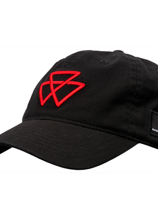 The Massey Ferguson - Red Logo Black Cap (X993232203000) by AGCO features a red emblem on the front and a patch with the "MASSEY FERGUSON" text and symbol on the side. It also has an adjustable back for a comfortable fit.