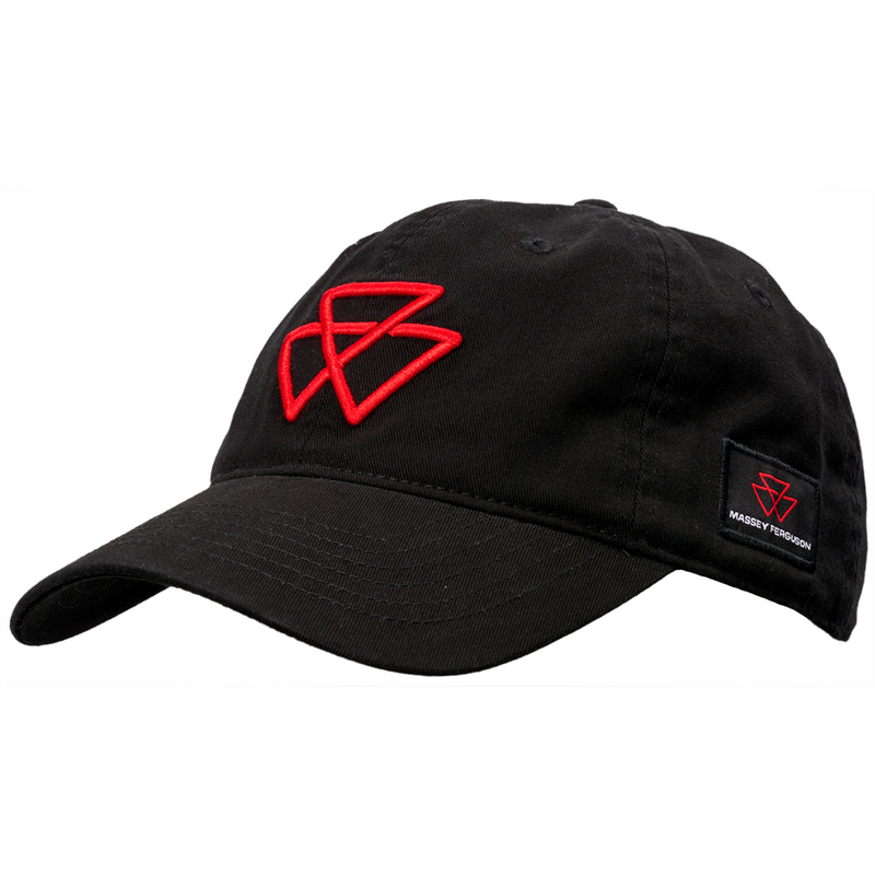 The Massey Ferguson - Red Logo Black Cap (X993232203000) by AGCO features a red emblem on the front and a patch with the "MASSEY FERGUSON" text and symbol on the side. It also has an adjustable back for a comfortable fit.