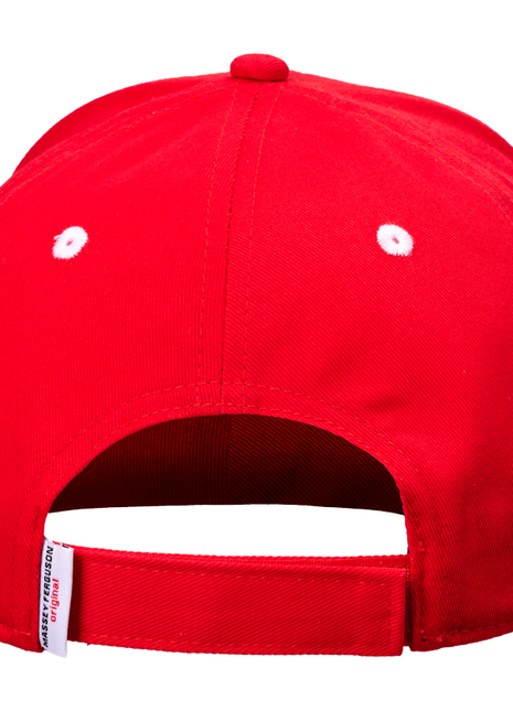 The Massey Ferguson Red Cap (X993232204000) by AGCO is shown from the back, featuring an adjustable Velcro strap with the Massey Ferguson logo and two white ventilation holes on each side.