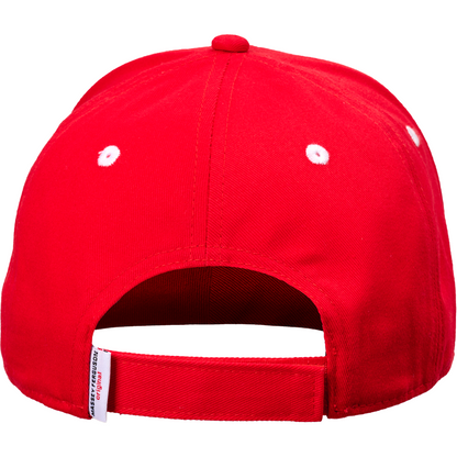 The Massey Ferguson Red Cap (X993232204000) by AGCO is shown from the back, featuring an adjustable Velcro strap with the Massey Ferguson logo and two white ventilation holes on each side.