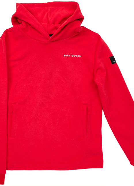 The AGCO Massey Ferguson Red Hoody For Kids (X993322302) features "BORN TO FARM" embroidered on the chest, hidden side pockets, and a black patch on the left sleeve. This heavy single jersey hoodie provides a cozy fit perfect for all their adventures.