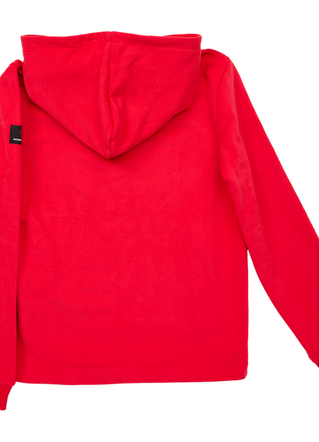 The AGCO Massey Ferguson - Red Hoody For Kids (X993322302) features long sleeves and is made from heavy single jersey material, shown from the back. Hidden side pockets add a touch of practicality to this cozy piece.