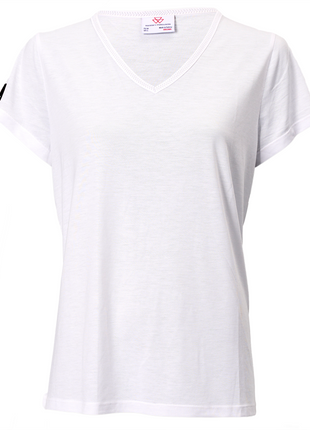 The AGCO Massey Ferguson Women's White V-Neck T-Shirt (X993322307000) features short sleeves and simple stitching details, made from 100% cotton. It has a feminine design with a small, subtle logo on the left sleeve.