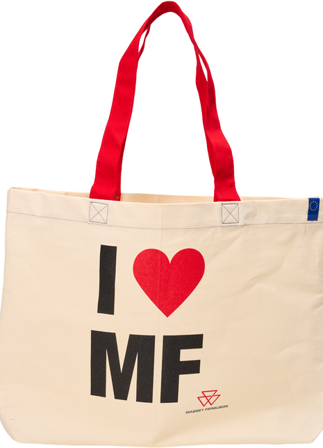 A cotton tote bag from AGCO, model Massey Ferguson - Shopping Bag - X993342304000, features a beige body with red handles and has "I ♥ MF" written on it in black and red letters.