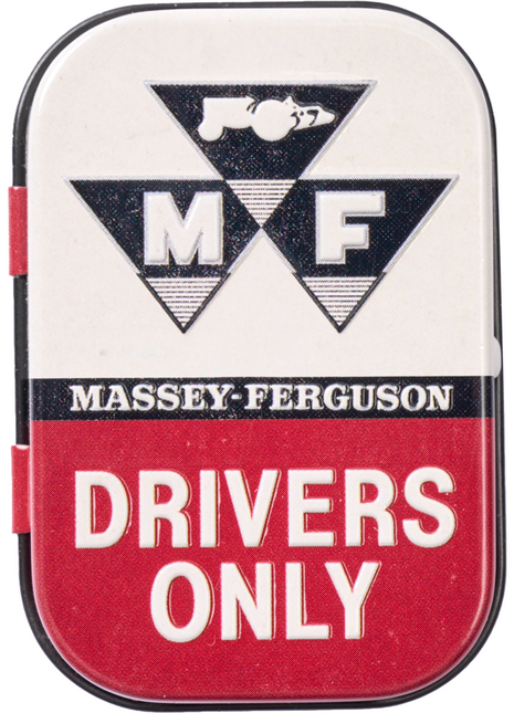 A sign reading "Massey-Ferguson Drivers Only" in red and white, showcasing the Massey-Ferguson logo at the top, designed to evoke a vintage mint box look. This item is part of AGCO's offerings and has the product code X993402203000.