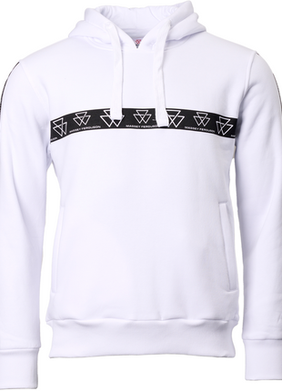 The Massey Ferguson - White Hoodie With Side Pockets - X993412301000 by AGCO is a white hoodie featuring a black strip across the chest and sleeves, adorned with triangular patterns and "Massey Ferguson" text. It includes a front pocket, side pockets, and a drawstring hood.