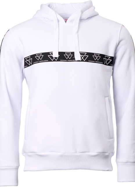 The Massey Ferguson - White Hoodie With Side Pockets - X993412301000 by AGCO is a white hoodie featuring a black strip across the chest and sleeves, adorned with triangular patterns and "Massey Ferguson" text. It includes a front pocket, side pockets, and a drawstring hood.