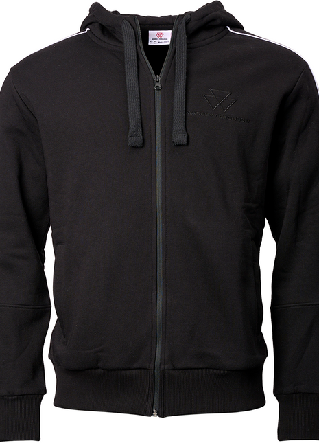 Introducing the AGCO Massey Ferguson Black Hooded Jacket (X993412303) – a sleek zip-up cotton polyester hoodie designed with drawstrings and stylish white stripe accents on the shoulders and sleeves. This sweatshirt jacket also features a small, prominent logo on the left chest.