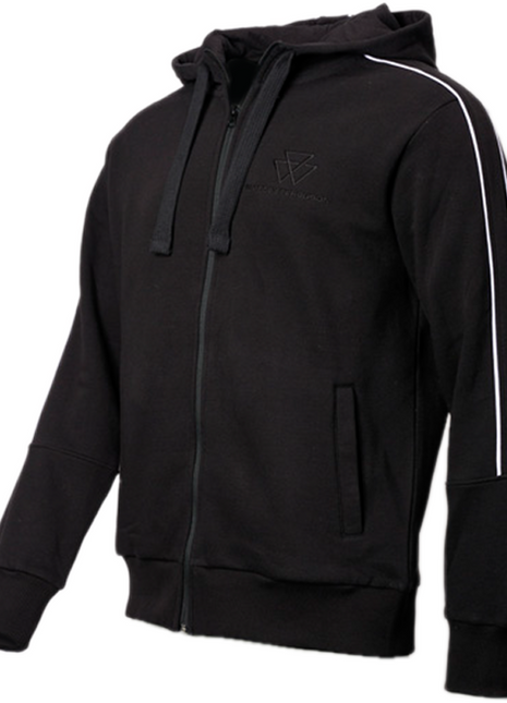 The Massey Ferguson Black Hooded Jacket (X993412303) by AGCO, features white stripes on the sleeves, a small logo on the left chest area, and is crafted from a comfortable cotton polyester blend.