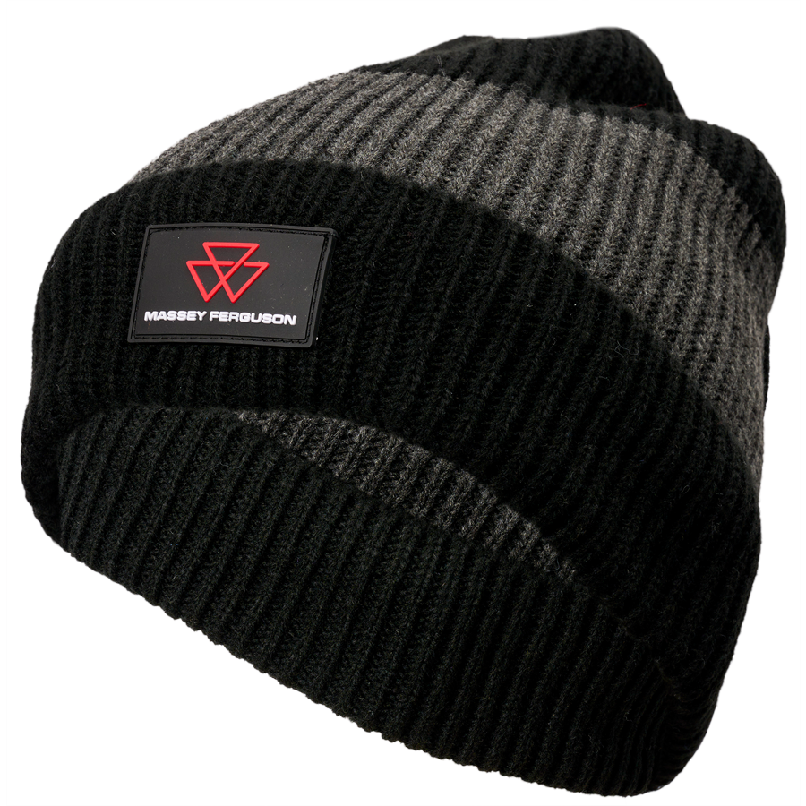 The AGCO Massey Ferguson Knitted Beanie (X993482302000) is a black and gray woolen beanie with a ribbed texture, featuring an embroidered Massey Ferguson logo on the front.