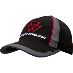 A black and gray baseball cap with red accents, part of the S collection, featuring a logo and the words "Massey Ferguson" embroidered on the front; officially named Massey Ferguson - Kids Black And Grey Cap - X993482303000 by AGCO.