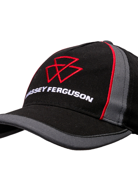 A black and gray baseball cap with red accents, part of the S collection, featuring a logo and the words "Massey Ferguson" embroidered on the front; officially named Massey Ferguson - Kids Black And Grey Cap - X993482303000 by AGCO.