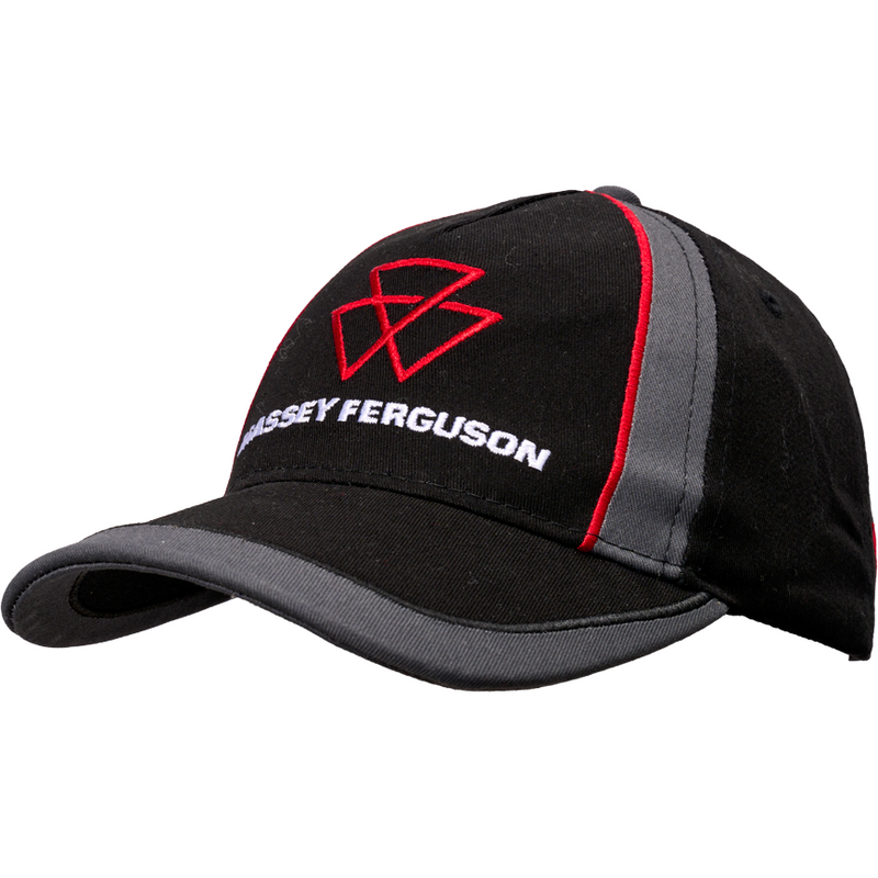 A black and gray baseball cap with red accents, part of the S collection, featuring a logo and the words "Massey Ferguson" embroidered on the front; officially named Massey Ferguson - Kids Black And Grey Cap - X993482303000 by AGCO.