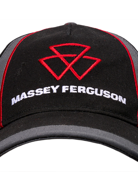 A black and grey cap from the S collection featuring the Massey Ferguson logo and red embroidered text, officially known as the AGCO Massey Ferguson - Kids Black And Grey Cap (X993482303000).