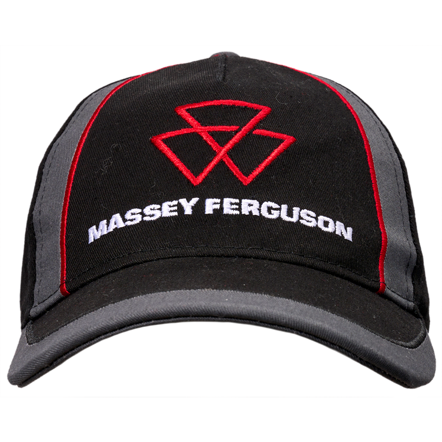 A black and grey cap from the S collection featuring the Massey Ferguson logo and red embroidered text, officially known as the AGCO Massey Ferguson - Kids Black And Grey Cap (X993482303000).