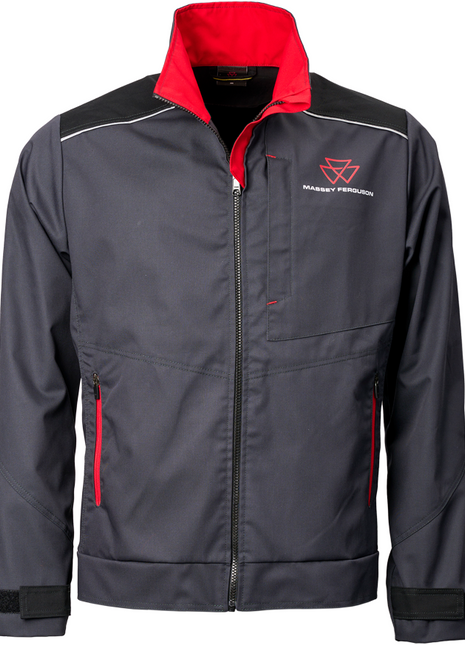 AGCO's Massey Ferguson Men's Dark Grey Work Jacket (X993532204) features a gray and black design with red accents, a front zipper, two side pockets, reflective stripes, and a logo on the upper left chest.