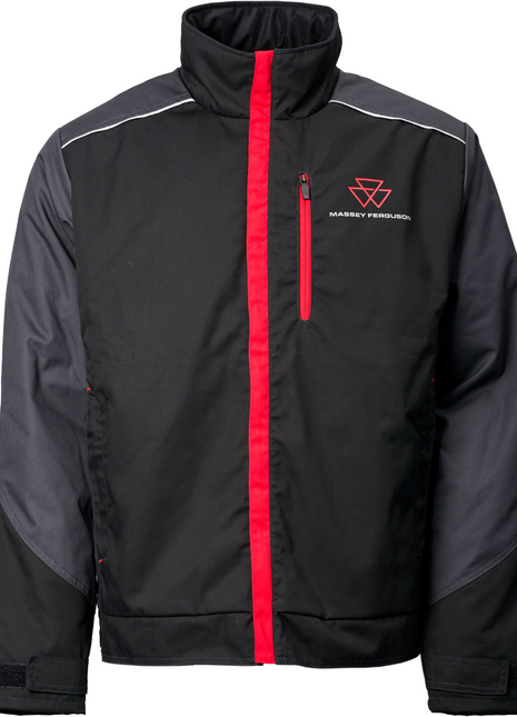 Introducing the AGCO Massey Ferguson Winter Work Jacket (X993532206): a stylish black and gray jacket with distinctive red accents. It features a vertical red stripe, a zippered chest pocket, an adjustable hem, and proudly displays the Massey Ferguson logo on the front.