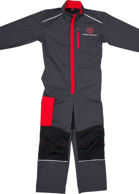 The Massey Ferguson - Kids Overall - X993532207 by AGCO is a gray and red children's coverall designed with a single-zip front, long sleeves, and multiple pockets. It includes one distinctive red pocket on the left thigh. For enhanced durability and safety, the overall features black knee patches and reflective piping for added visibility.