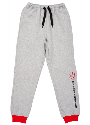 The AGCO Massey Ferguson kids tracksuit pants, product number X993532210, come in grey with a black drawstring and red ankle cuffs. They feature "Massey Ferguson" branding along the left leg and an elasticated waistband for added comfort, making them perfect for active days.