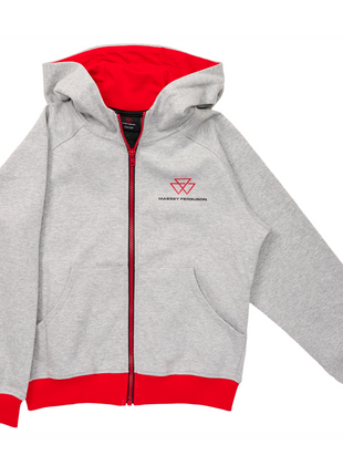 AGCO's Massey Ferguson Kids Tracksuit Jacket (X993532213) is a gray hoodie with red trim, featuring a large front zip, a ribbed knit design, and a red emblem on the left chest area.