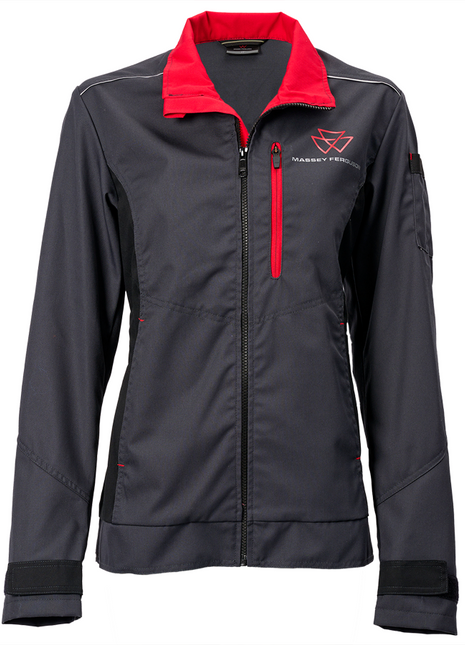 Check out the AGCO Women's Work Jacket, Model X993532214: a sleek black zip-up jacket with red accents, featuring the Massey Ferguson logo on the chest. It includes adjustable cuffs and a convenient zippered pocket on the left arm.