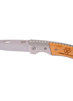 The Massey Ferguson - Folding Pocket Blade (Product Code: X993562301000), from the AGCO brand, is a folding pocket knife with a stainless steel blade and a handle combining metal and wood. The handle is engraved with a triangular logo and the words "MASSEY FERGUSON," and the knife features an advanced blade locking system for enhanced safety.