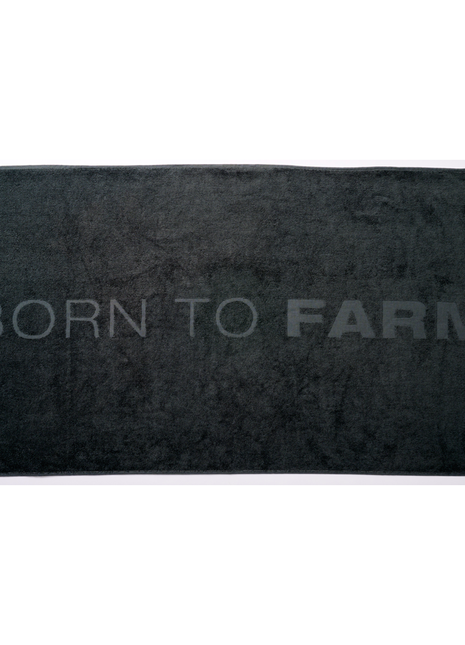 Introducing the Massey Ferguson Bath Towel - Born To Farm (X993582301000) by AGCO, a dark green rectangular terry cloth towel featuring the bold statement "BORN TO FARM" printed prominently in large, capital letters across the center.