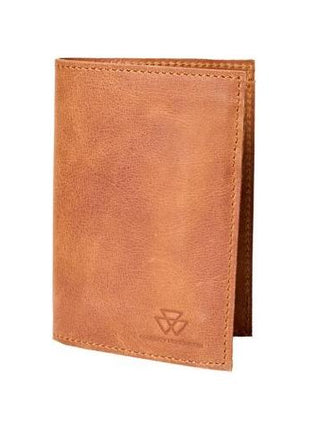 The AGCO Massey Ferguson Men's Wallet (X993592302000) is a closed, light brown accessory made from premium Spanish leather, featuring a small embossed logo on the bottom right corner and several compartments to keep your essentials organized.