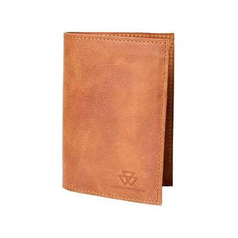 The AGCO Massey Ferguson Men's Wallet (X993592302000) is a closed, light brown accessory made from premium Spanish leather, featuring a small embossed logo on the bottom right corner and several compartments to keep your essentials organized.