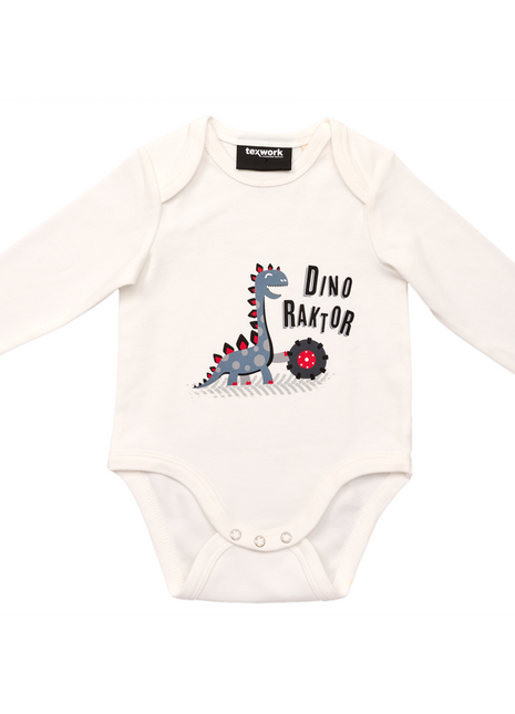 A white long sleeve cotton bodysuit from AGCO's Massey Ferguson collection, featuring a cartoon dinosaur and the text "Dino Raktor" on the front, Product ID: X993602301.