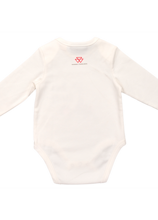 Back view of the AGCO "Massey Ferguson - Baby Dino Raktor Long Sleeves Body - X993602301" bodysuit, featuring a small red logo and text near the neckline.