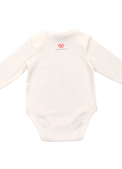 Back view of the AGCO "Massey Ferguson - Baby Dino Raktor Long Sleeves Body - X993602301" bodysuit, featuring a small red logo and text near the neckline.