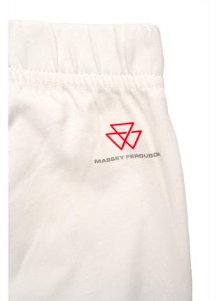 Close-up of white fabric with an elastic waistband, featuring a red Massey Ferguson logo and text, part of the delightful AGCO Massey Ferguson Baby Dino Raktor Pants collection (X993602303100).