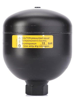 The AGCO Massey Ferguson Accumulator (AL5034102) is a black pressure vessel featuring a yellow caution label. It is pressurized to 15 bar and should only be used with dry nitrogen. Fitment details for this accumulator are currently unavailable.