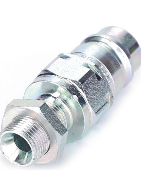 The Massey Ferguson Coupler AL5044940 by AGCO is a metal hydraulic fitting with threaded connections on both ends and a hexagonal nut in the center, making it ideal for accurate fitment in farming parts.