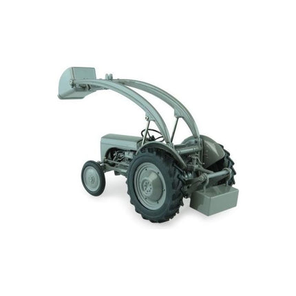 A vintage die-cast metal model of a gray Massey Ferguson TE-20 tractor by AGCO, featuring a front loader attachment and rear counterweight (1:32 scale, X993040405209).