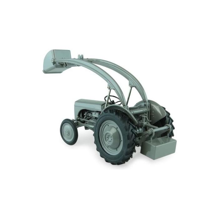 A vintage die-cast metal model of a gray Massey Ferguson TE-20 tractor by AGCO, featuring a front loader attachment and rear counterweight (1:32 scale, X993040405209).