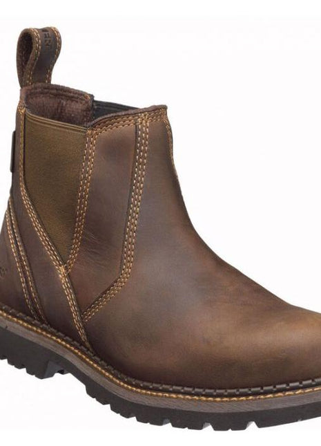 A single Buckler Non-Safety Dealer Boot - B1500 in brown leather, featuring a slip-on design, reinforced stitching, Goodyear welting, and a thick treaded Buckler K2 sole.