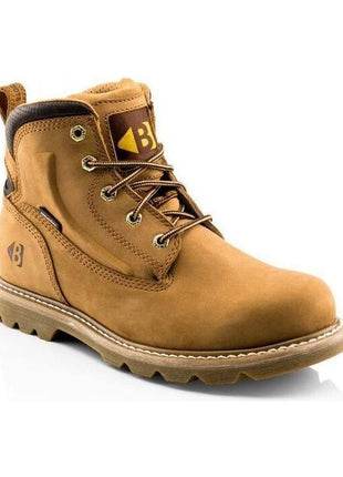 Introducing the Buckler - Non-Safety Dealer Boot - B2800, a tan work boot equipped with a rugged sole, metal eyelets, and brown laces. Featuring the Buckler logo on the tongue and heel tab, these boots are perfect for any agricultural task.